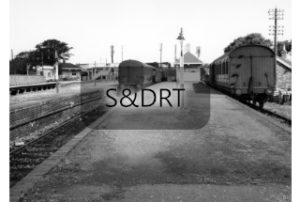 Highbridge S&D station from platforms 1 & 2, carriages at platforms, 1960s