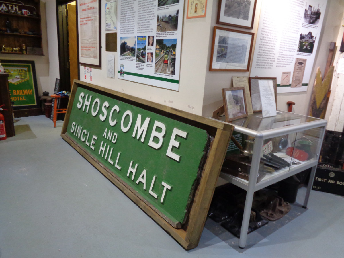 One of the two original Shoscombe & Single Hill Halt nameboards having arrived at the msueum at Midsomer Norton South station