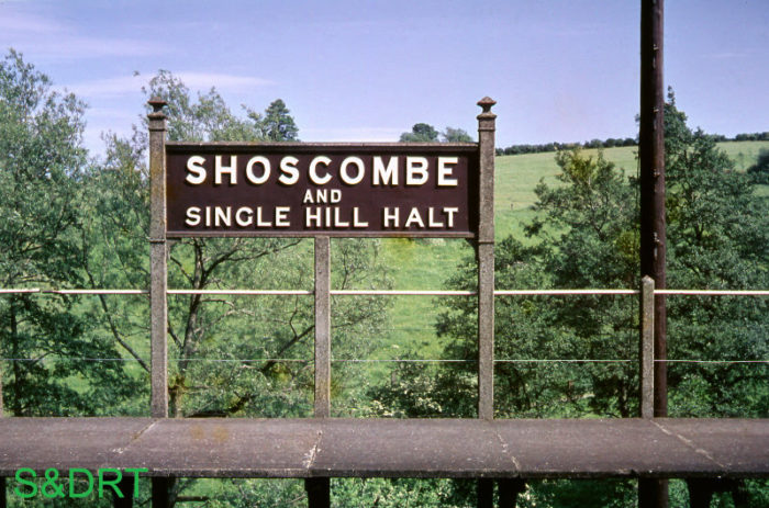One of the nameboards at Shoscombe & Single Hill Halt in the 1960s - copyright S&DRT