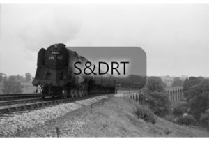 92001 on Charlton viaduct with Up through service, Shepton Mallet, 1962