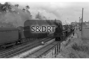 Evercreech Junction; 75023 & 73050 on Up 'Pines Express', 92000 on Down service, 16-09-61; G A Richardson