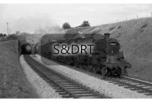 Chilcompton Tunnel; 75023 and 34043 'Combe Martin' on 'Pines Express', 1961-2; G A Richardson