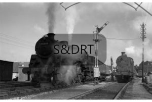 Blandford; 76026 leaving on passenger service, 44560 shunting, 1960-1; G A Richardson