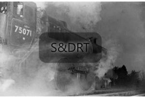 Shillingstone; 75071 leaving station on Down passenger service - with flash (2); G A Richardson