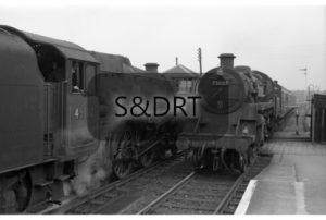 Shillingstone; 45102 on three-carriage Up passenger service (3) - 75007 passes with Down service, 1963; G A Richardson