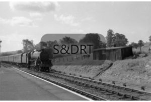 Shillingstone; 44664 approaching Up platform with passenger service, 1956; G A Richardson