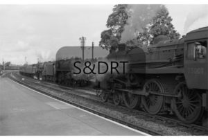 Evercreech Junction; 75073 & 92220 'Evening Star' on Bristol-Bournemouth service plus 75009 in centre siding, summer 1962; G A Richardson