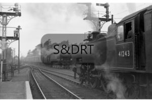 Bournemouth West; 41243 at platform, 34102 arriving with 'Pines Express'; G A Richardson