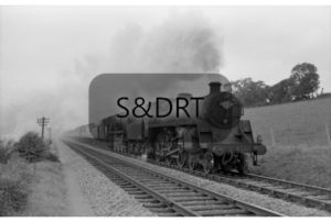 Chilcompton Tunnel; 75023 & 34042 'Dorchester' on Down 'Pines Express' approaching tunnel, 1961-2; G A Richardson